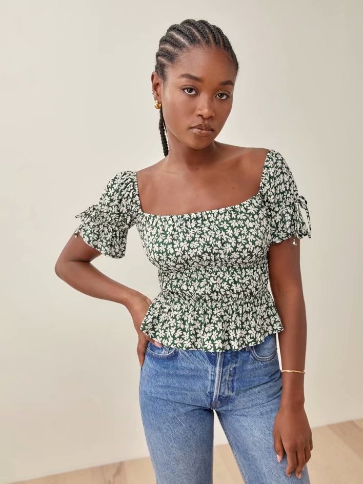 xakxx xakxx Chic Green Floral Print Ropa Mujer Vintage Ruffles Girl Summer Tops And Blouses Fashion Short Flare Sleeve Shirt Women Harajuku