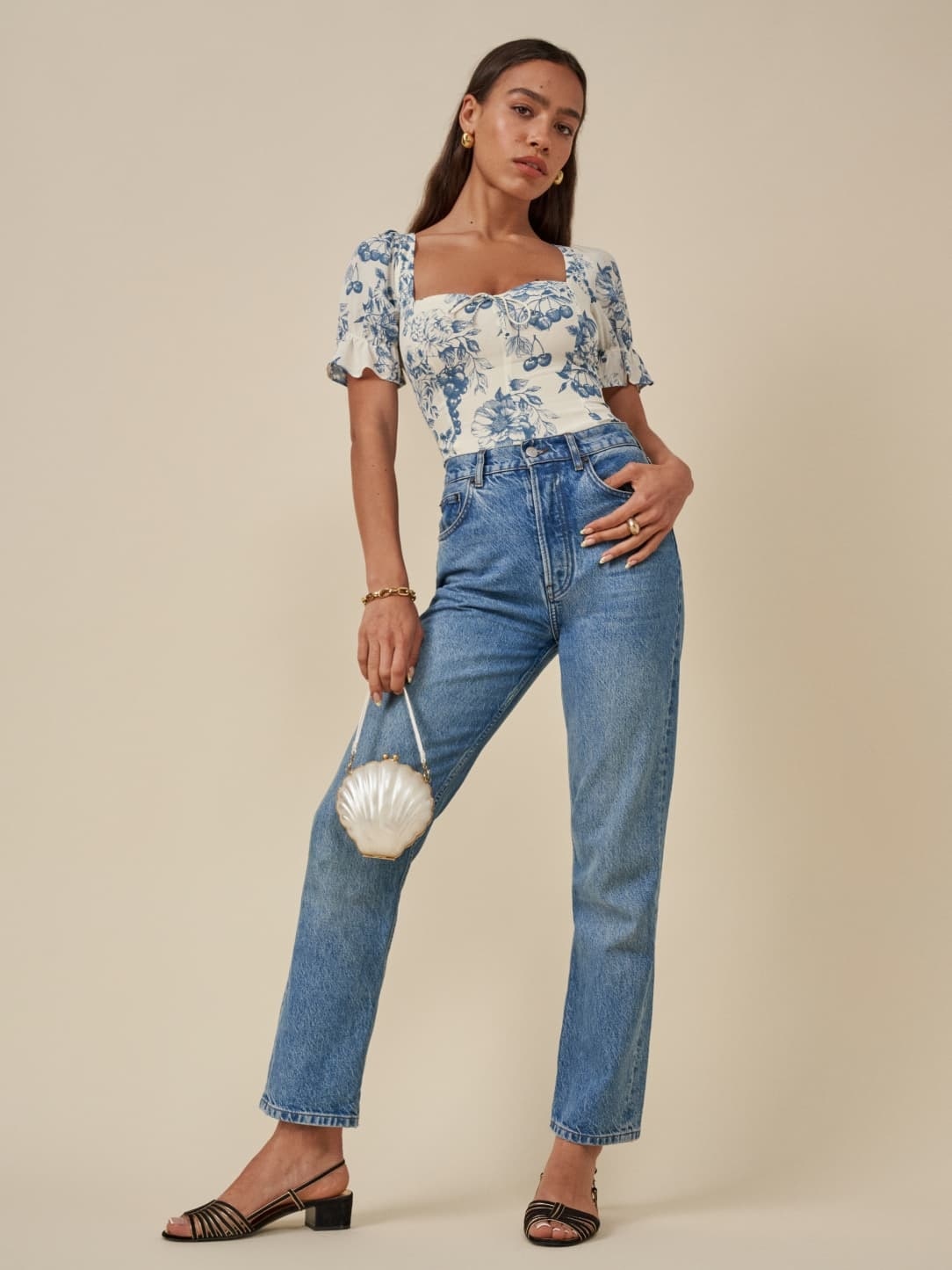 xakxx Vintage Ivory Blue Flower Print Shirt Retro Elastic Ruched Back Square Collar Short Sleeve Short Blouse Tank Top Tops