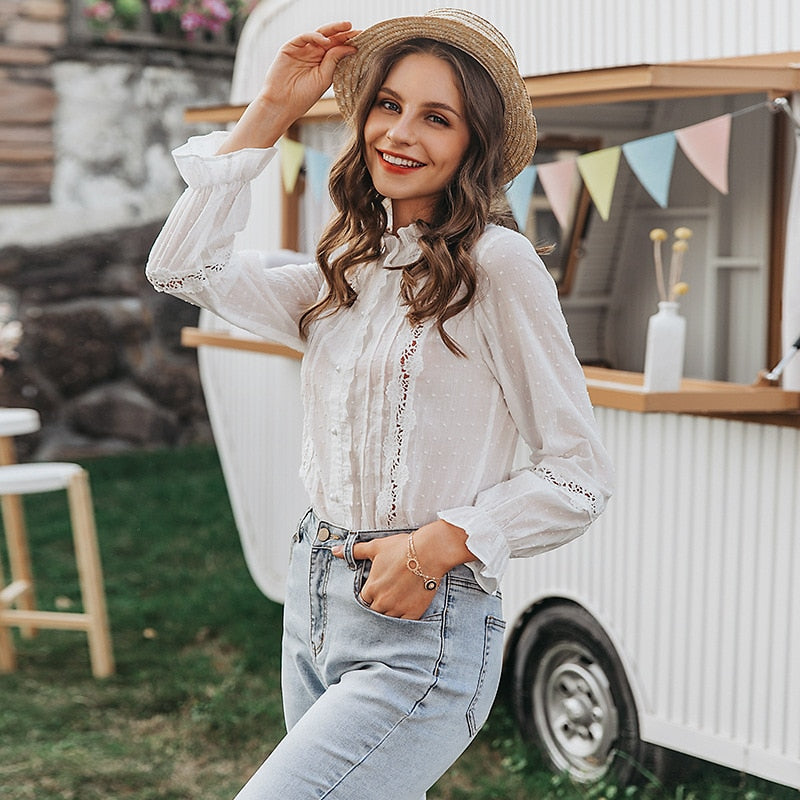 xakxx Autumn outfits Fashion White Lace Blouse Shirts Women Long Sleeve Casual Loose Tops And Blouses Summer Autumn Elegant Shirts Plus Size