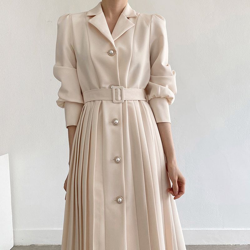 xakxx Elegant Women Spring Notched Collar Suit Single-Breasted Office Lady Full Sleeve High Waist Female Pleated Midi Dress