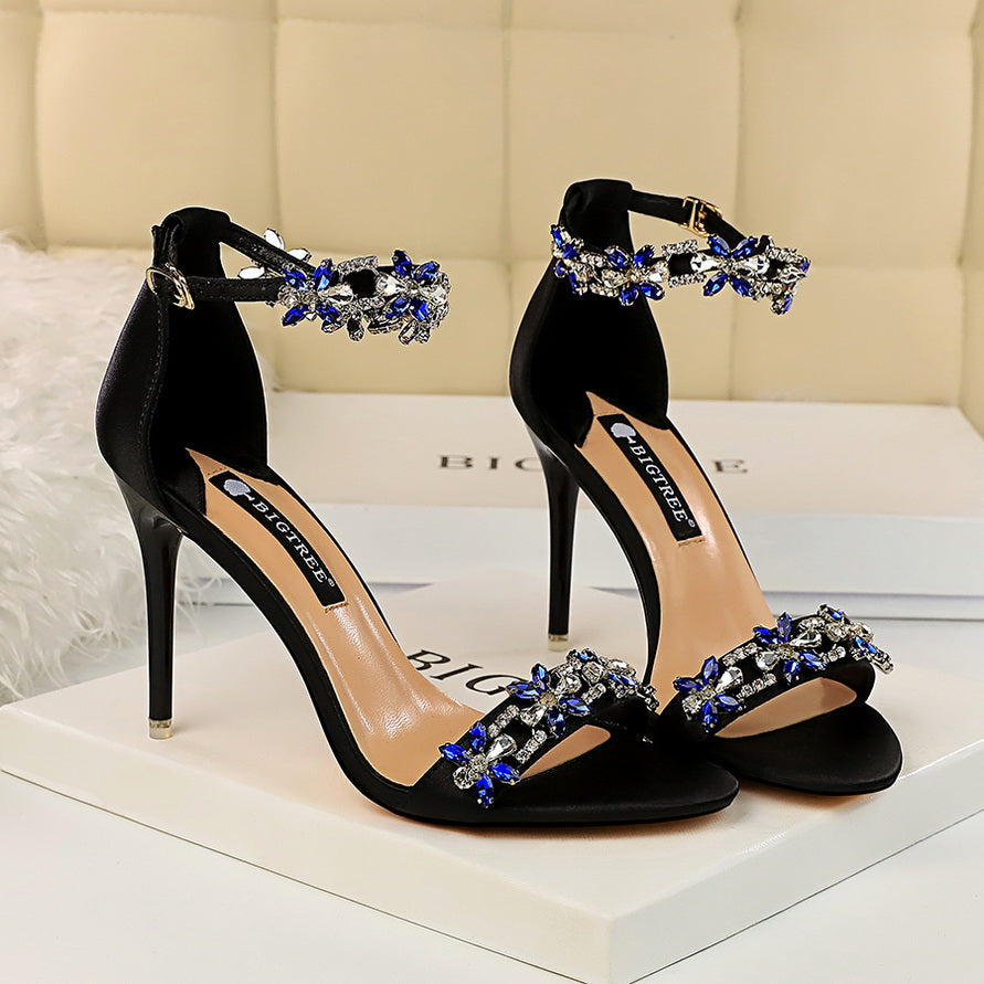 xakxx Women 9cm High Heels Crystal Sandals Wedding Bridal Stiletto Heels Sandles Glitter Prom Elegant Stripper Satin Strap Shoes