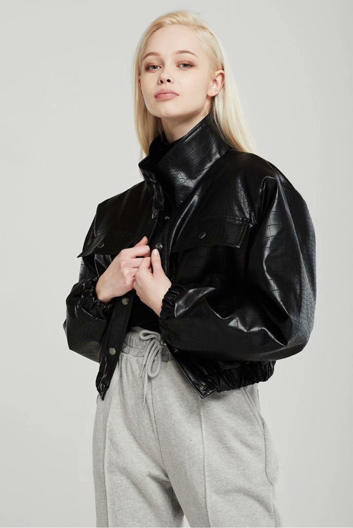 xakxx Autumn Spring Solid Casual Jacket Women Female Chic Long Sleeve PU Leather Jacket With Quilted Lining Cropped Coat Outwear