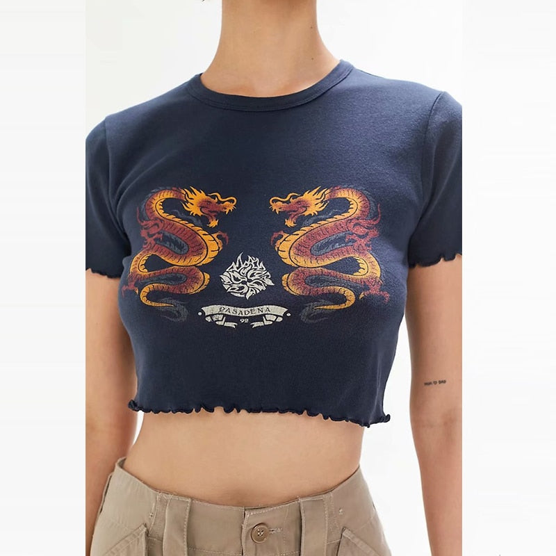 xakxx Navy Blue Tshirt Women Cartoon Tees Summer Tops Fashion Casual Female Oversized Crop T-Shirt Streetwear Summer Vestidos