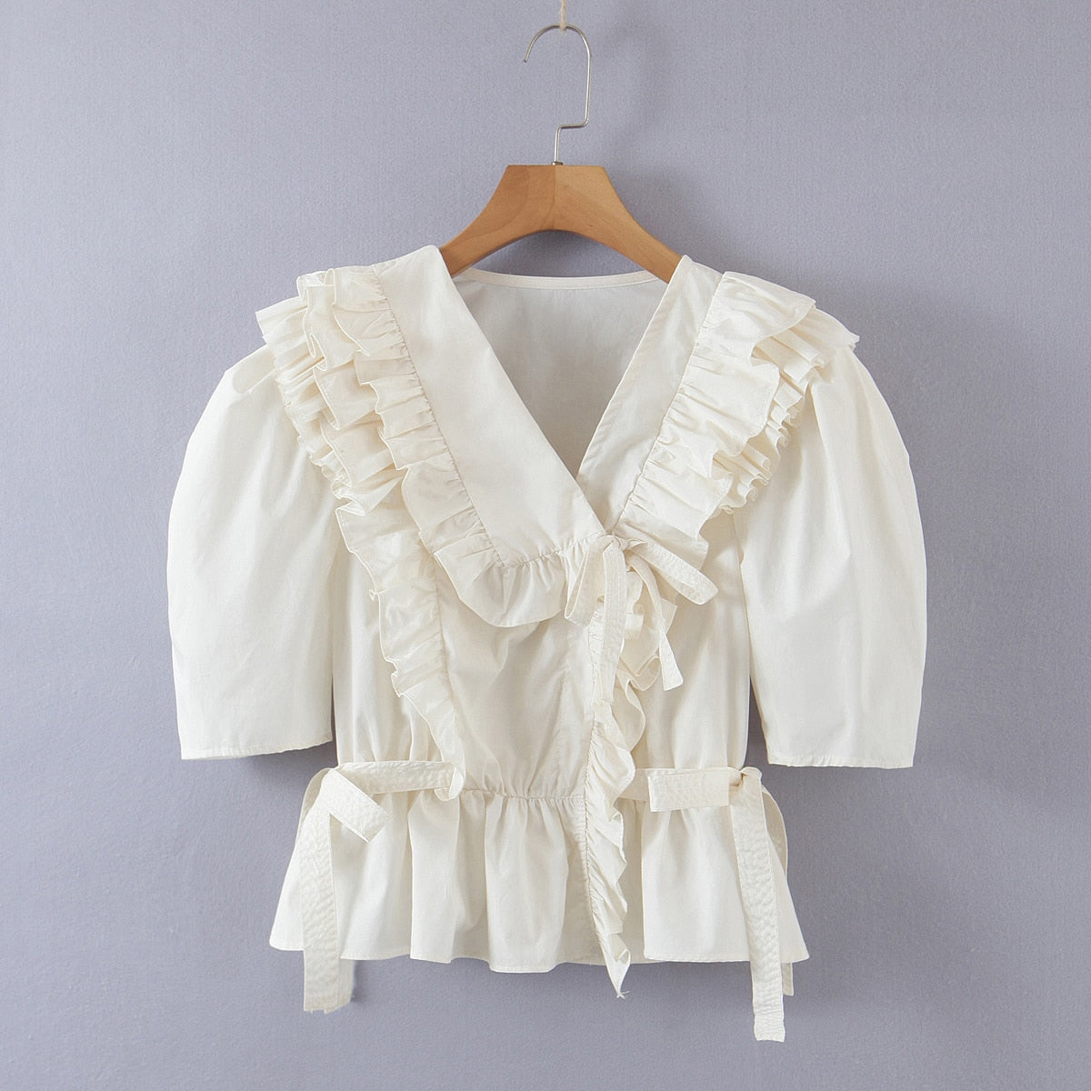 xakxx Women Tiered Ruffles Crop Top Blouse Summer Loose Beige Sweet Slim Short Shirt Drawstring Peplum Top