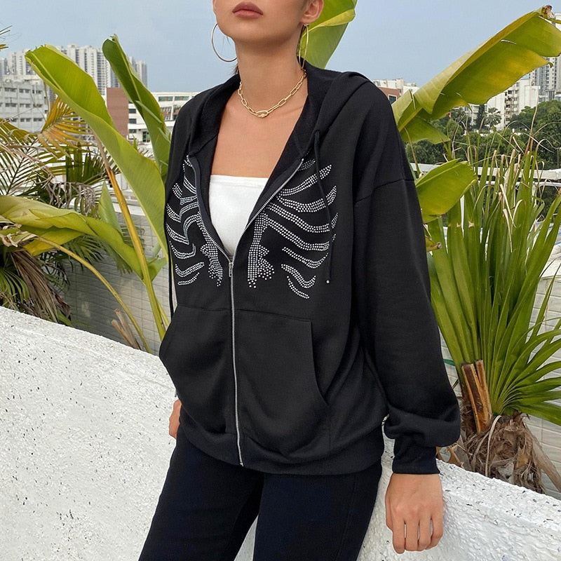 xakxx Y2K Rhinestone Skeleton Zip Up Hoodies Women Oversized Sweatshirts Winter Grunge Gothic Black Hooded Female Jackets Streetwear