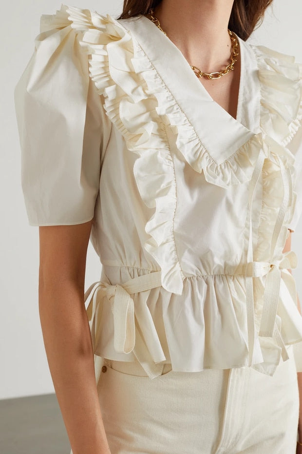 xakxx Women Tiered Ruffles Crop Top Blouse Summer Loose Beige Sweet Slim Short Shirt Drawstring Peplum Top