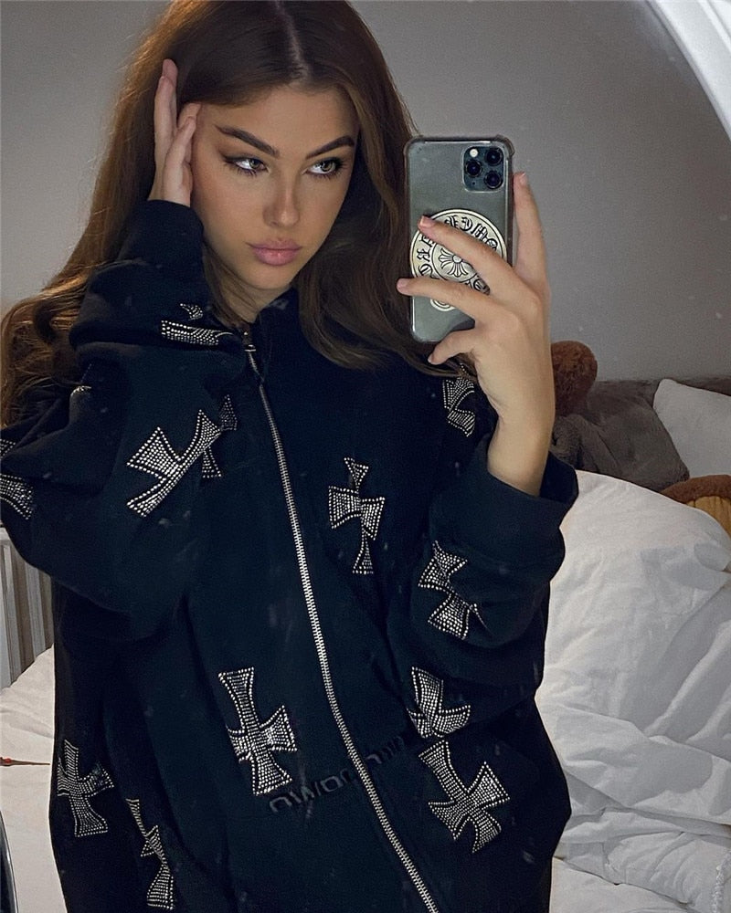 xakxx Hip Hop Sweatshirts Gothic Rhinestone Graphics Jogger Jacket Suit Y2K Long Sleeve Zip Up Oversized Men Punk Hoodie Coat Clothing