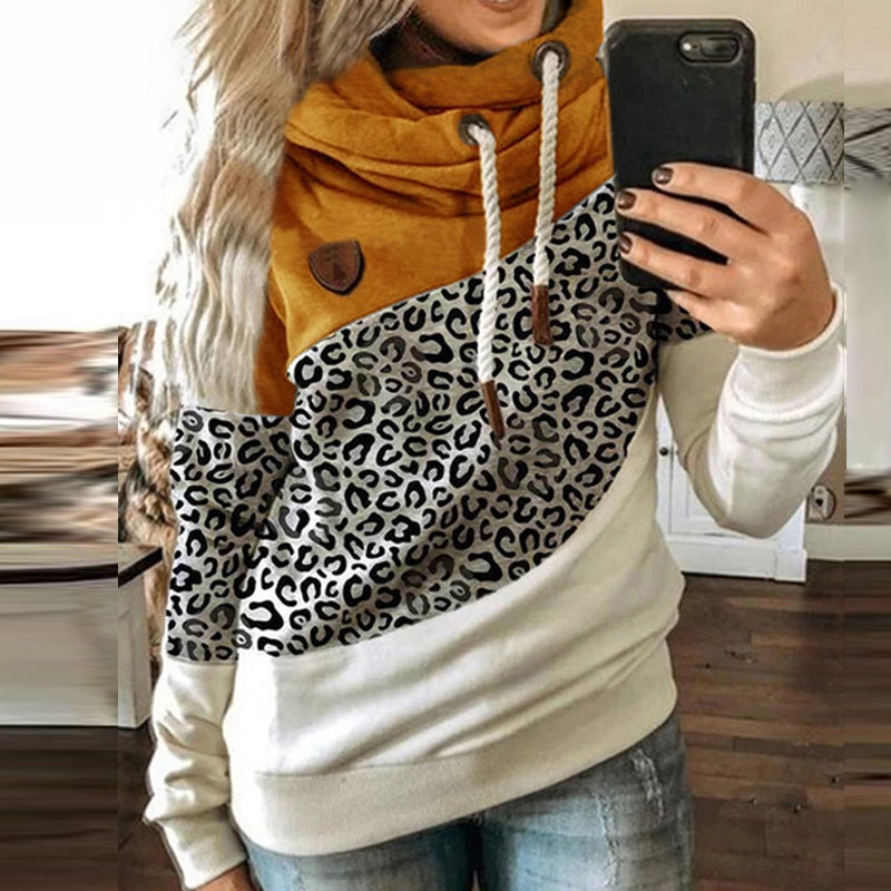 xakxx Winter Leopard Print Sweatshirts Women Casual Turtleneck Long Sleeve Hoodies Fashion Drawstring Patchwork Female Pullovers Tops