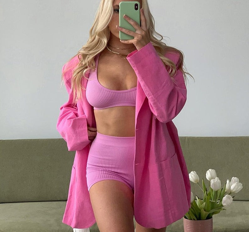 xakxx Women Fashion Loose Blazer Mujer Double Pockets Single Breasted Chic Suit Jacket Ladies Green Streetwear Outerwear