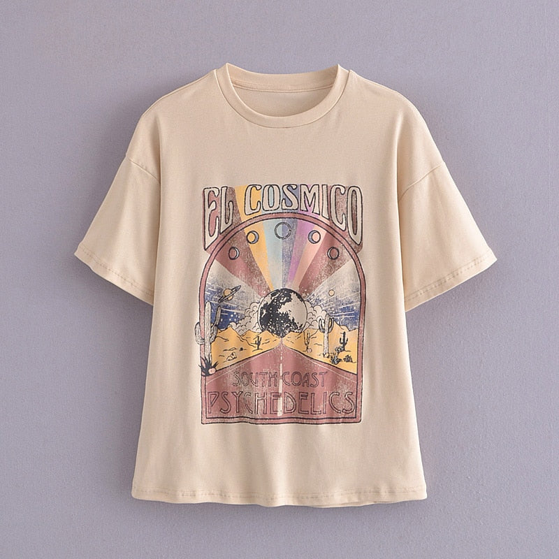xakxx Spring Summer Baggy Tee Fashion Ribbed Collar For Texture Screen Printed Oversized Fit Cotton Tshirt For Women