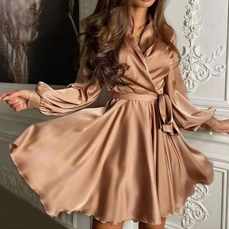 xakxx Sexy Satin Sashes A Line Mini Dress Lantern Sleeve Elegant Party Dress Spring Fashion Women's Clothing Streetwear Vestidos