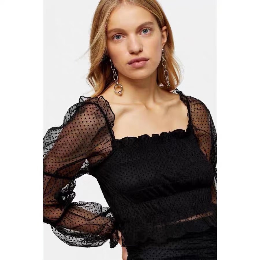 xakxx Women Sexy Fashion Smocked Elastic Ruffled Cropped Blouses Vintage See Through Long Sleeve Female Shirts Chic Tops
