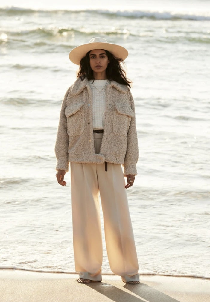 xakxx Winter New Fur Blend Coat Women Laple Loose Pocket Long Sleeve Warm Trick Fashion Coats Female