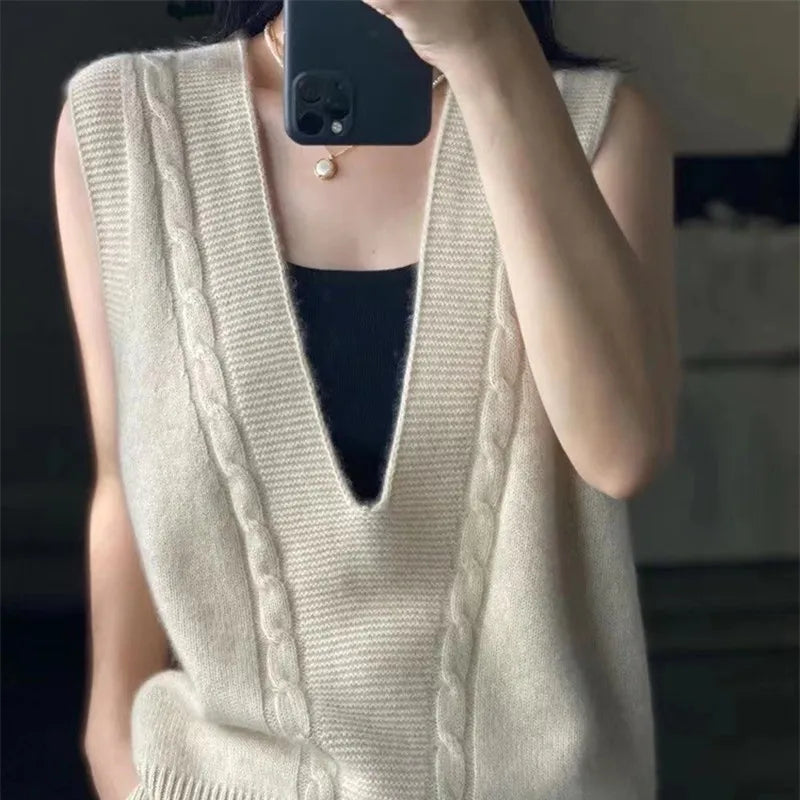 xakxx xakxx-New 100%Pure Wool Cashmere Vest Women V-Neck Thick Sleeveless Wild Sweater Autumn Large Size Waistcoat Knit Vest Pullover