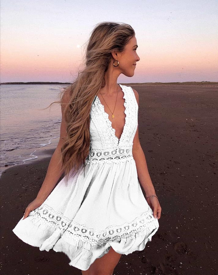 xakxx Women Solid Color Casual Sexy A Line Dress Female Sleeveless Deep V-Neck Lace Hem Summer Holiday Mini Dress