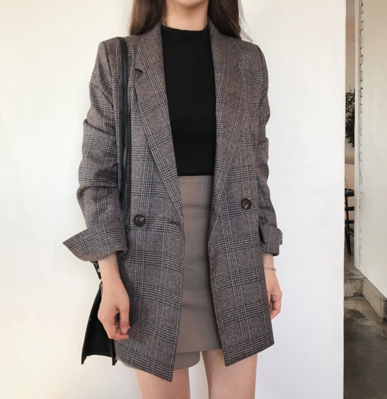 xakxx Autumn Winter New Retro Pattern Girl Plaid Comfortable Women Korea Solid Cardigan Ladies Work Wear Jacket Cute Free