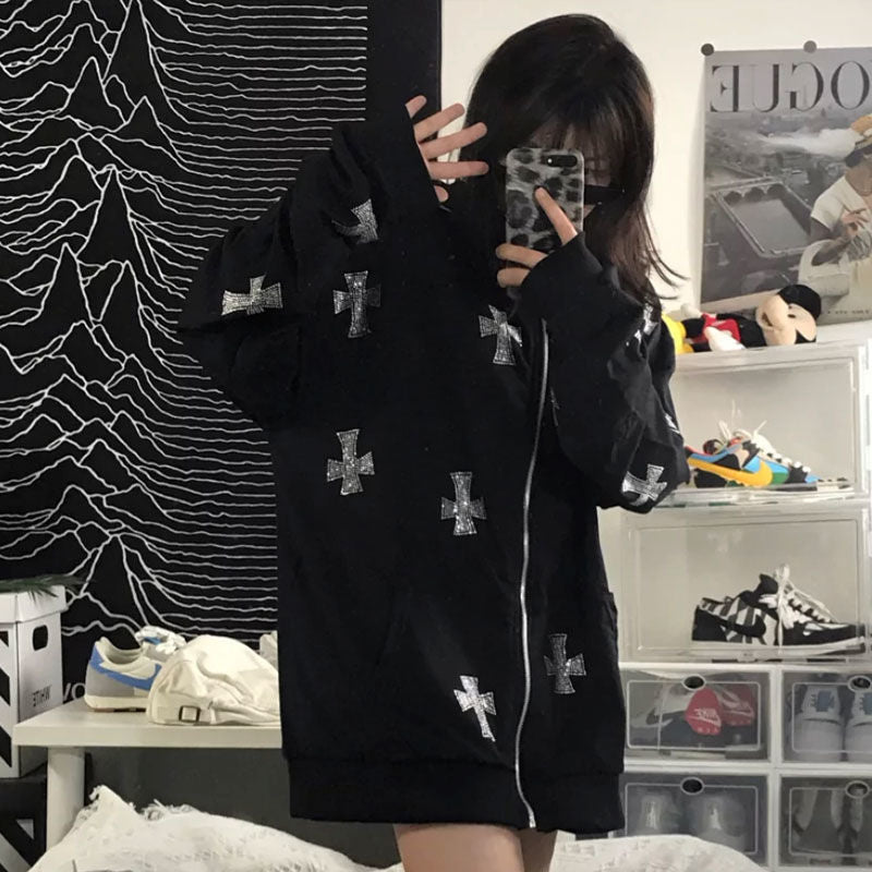 xakxx Hip Hop Sweatshirts Gothic Rhinestone Graphics Jogger Jacket Suit Y2K Long Sleeve Zip Up Oversized Men Punk Hoodie Coat Clothing
