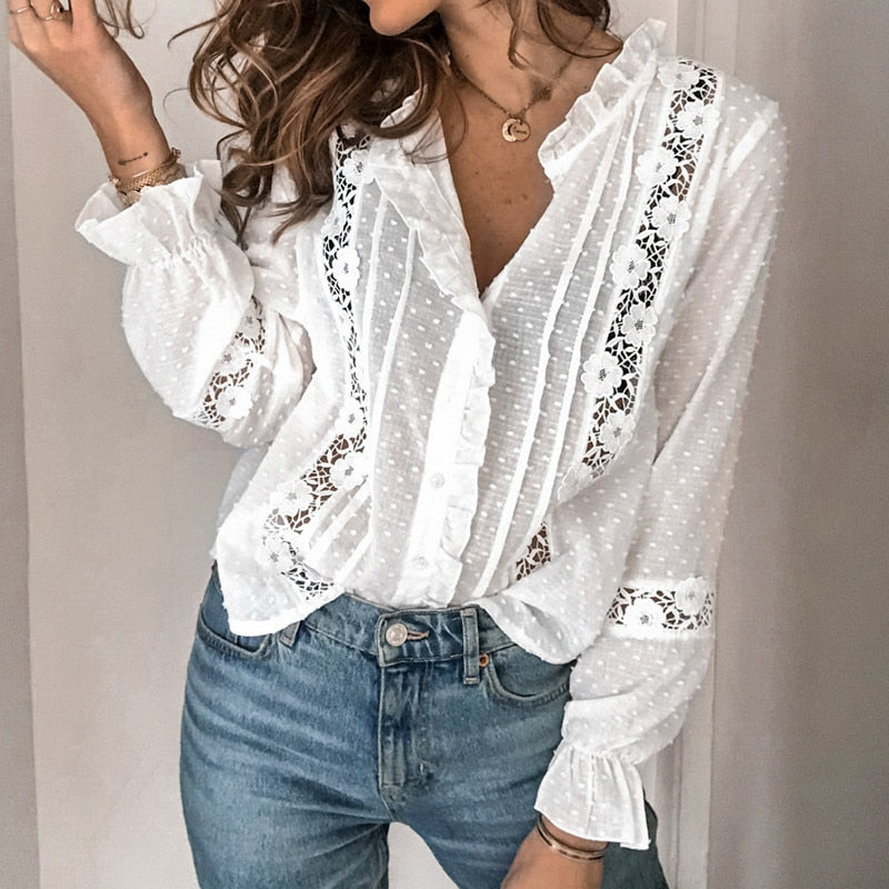 xakxx Autumn outfits Fashion White Lace Blouse Shirts Women Long Sleeve Casual Loose Tops And Blouses Summer Autumn Elegant Shirts Plus Size