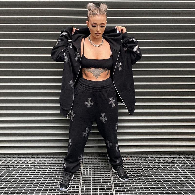 xakxx Hip Hop Sweatshirts Gothic Rhinestone Graphics Jogger Jacket Suit Y2K Long Sleeve Zip Up Oversized Men Punk Hoodie Coat Clothing