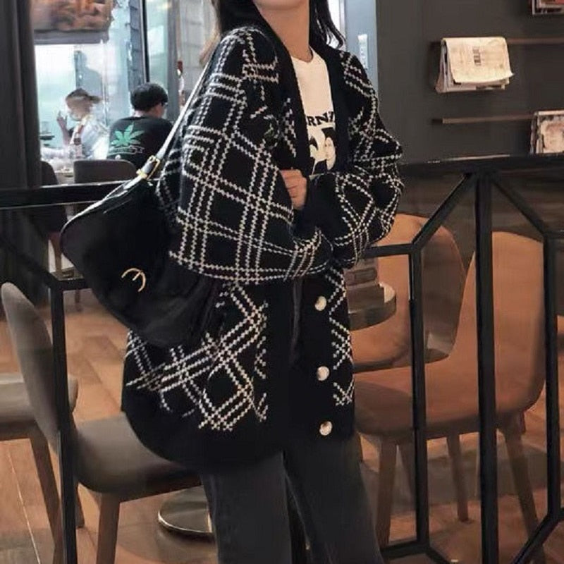 xakxx Korean Style Lazy Wind Knitted Cardigan Sweater Women Autumn Winter Oversize Plaid Jumper Black Long Sleeve Jacket Coat