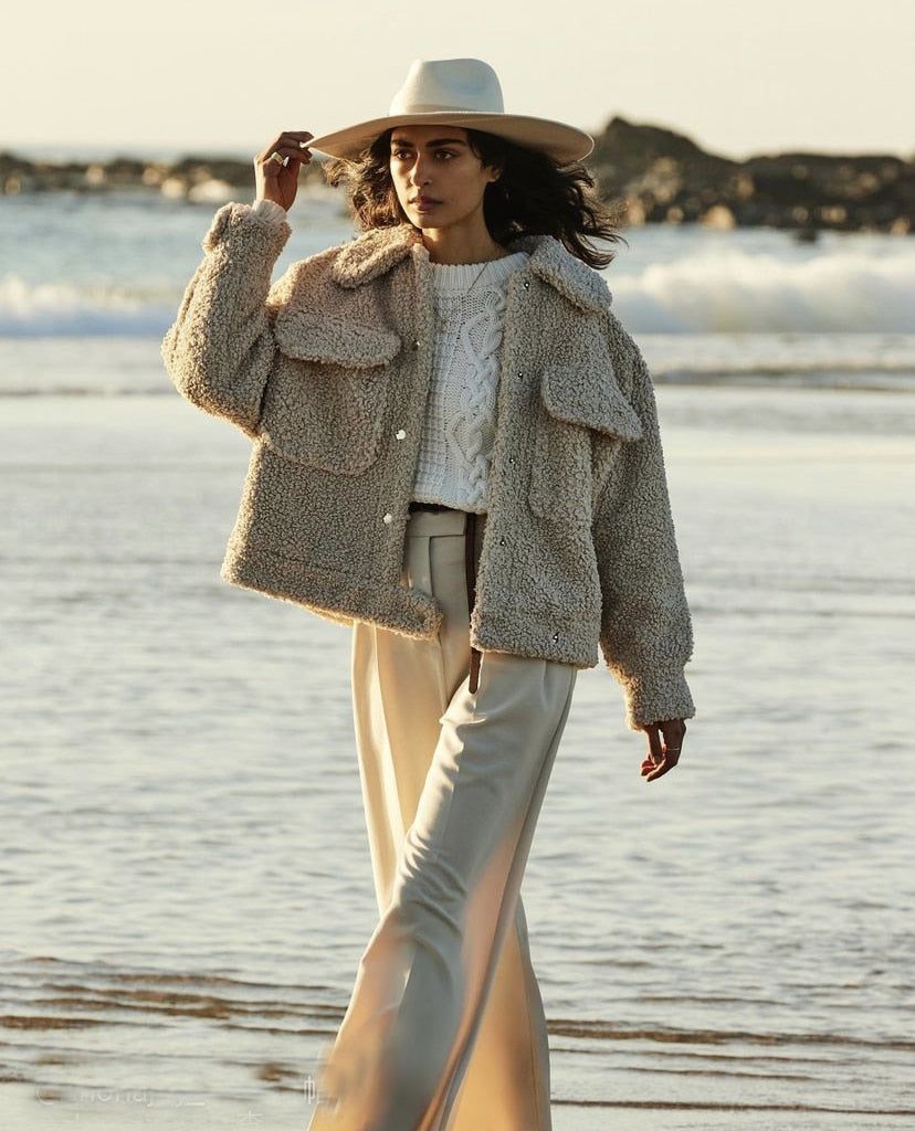 xakxx Winter New Fur Blend Coat Women Laple Loose Pocket Long Sleeve Warm Trick Fashion Coats Female