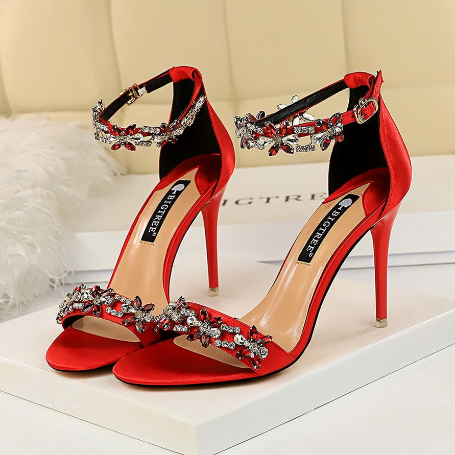 xakxx Women 9cm High Heels Crystal Sandals Wedding Bridal Stiletto Heels Sandles Glitter Prom Elegant Stripper Satin Strap Shoes
