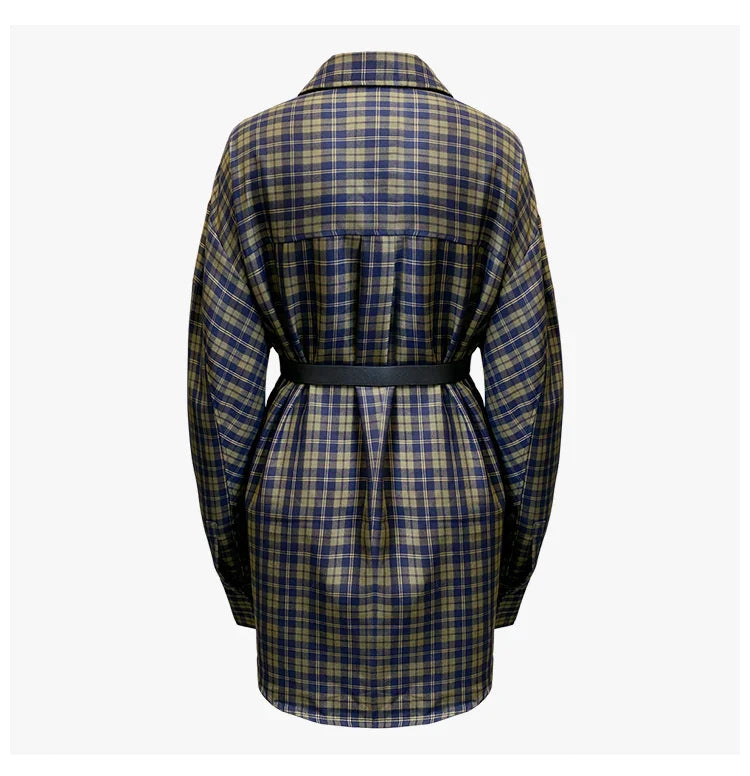 xakxx Women shirt blouse Vintage plaid shirts long women shirt Bandage Long Sleeve designer shirt women casual top plus size