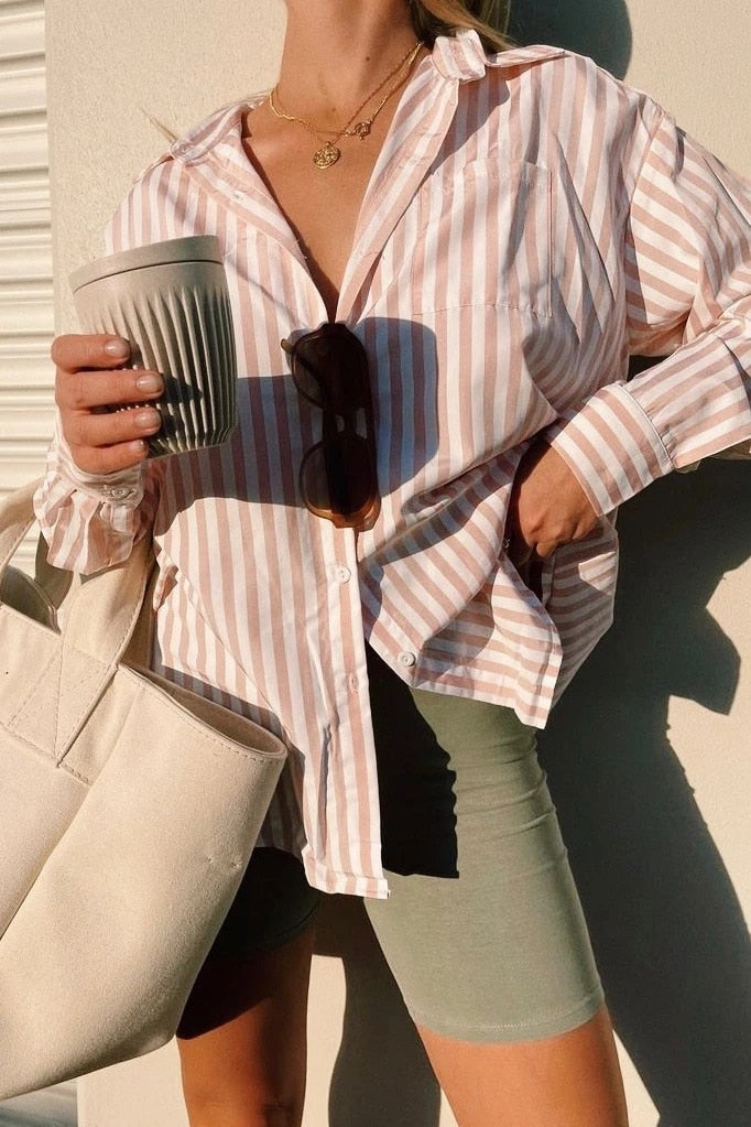 xakxx xakxx Stylish Women's Classic-Fit Long Sleeve Lightweight Button Down Shirt Vertical Stripes Oversize BF Style Top Blouses
