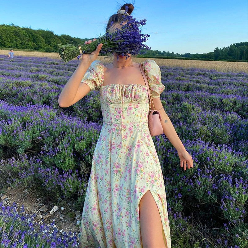 xakxx Women Clothing Summer Fashion Bubble Sleeve Floral Lace-up High Split Long Dress Vestdio Vintage Korean Elegant