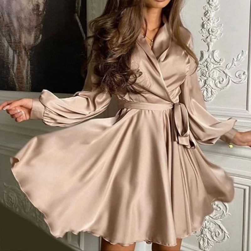 xakxx Sexy Satin Sashes A Line Mini Dress Lantern Sleeve Elegant Party Dress Spring Fashion Women's Clothing Streetwear Vestidos