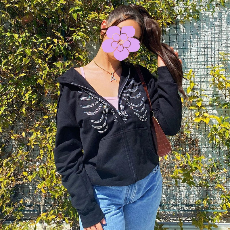 xakxx Y2K Rhinestone Skeleton Zip Up Hoodies Women Oversized Sweatshirts Winter Grunge Gothic Black Hooded Female Jackets Streetwear