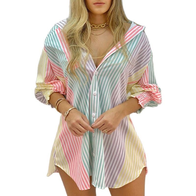 xakxx Back to School Women Fashion Striped Print Shirt Lady Long Sleeve Blouse Off Shoulder Ruched Button Design Casual Tops