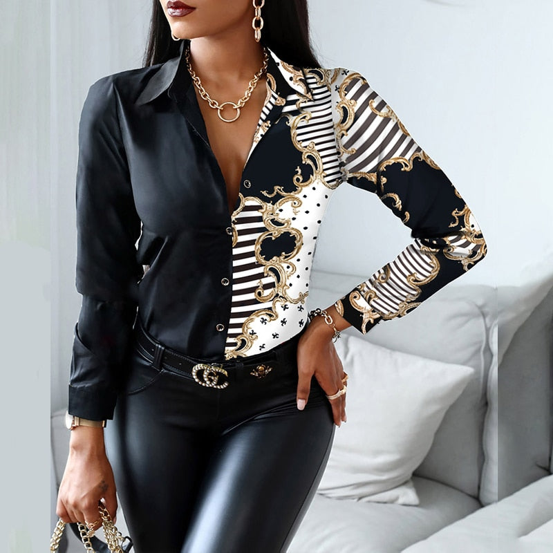 xakxx Women Fashion Shirt Lady Long Sleeve Blouse Turn-Down Collarbutton Design Print Casual Shirts