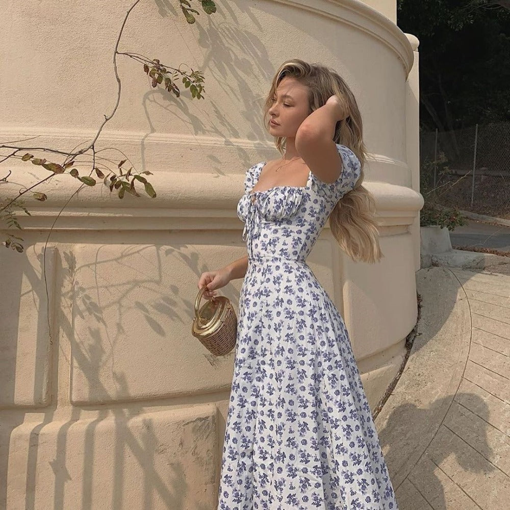 xakxx Women Clothing Summer Fashion Bubble Sleeve Floral Lace-up High Split Long Dress Vestdio Vintage Korean Elegant