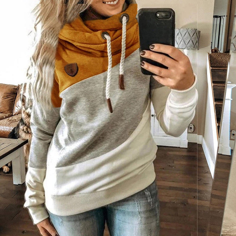 xakxx Winter Leopard Print Sweatshirts Women Casual Turtleneck Long Sleeve Hoodies Fashion Drawstring Patchwork Female Pullovers Tops