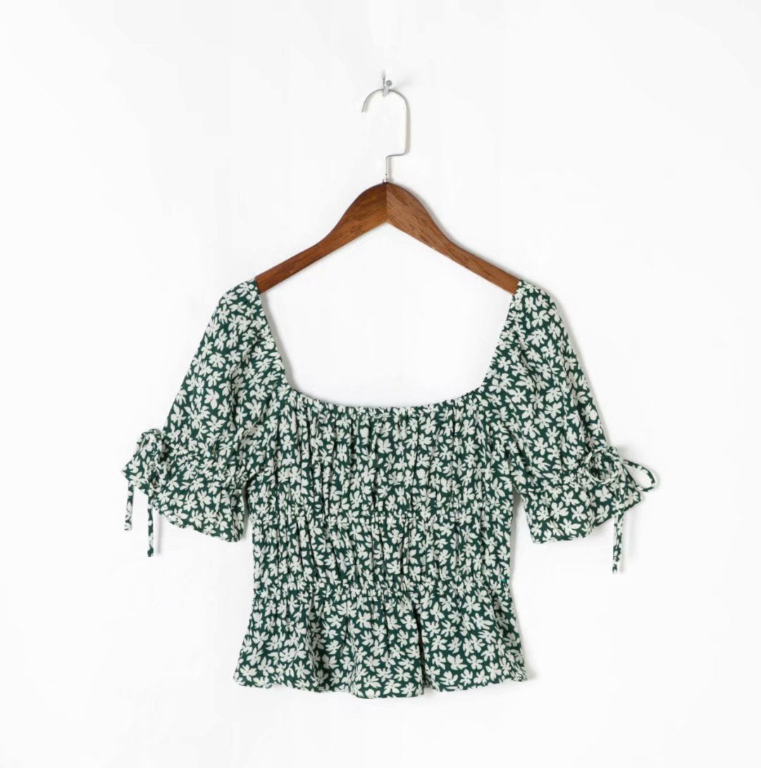 xakxx xakxx Chic Green Floral Print Ropa Mujer Vintage Ruffles Girl Summer Tops And Blouses Fashion Short Flare Sleeve Shirt Women Harajuku