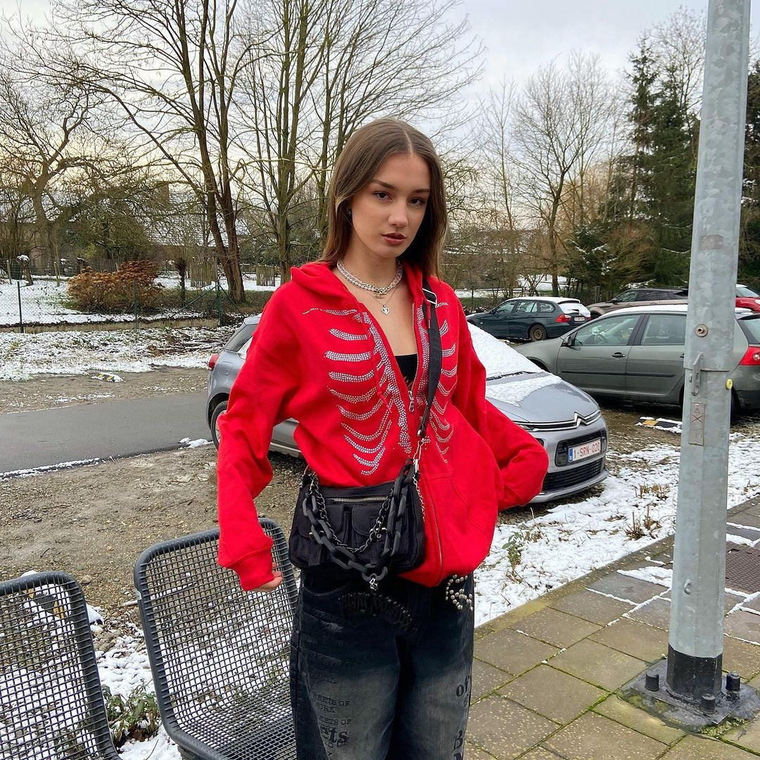 xakxx Y2K Rhinestone Skeleton Zip Up Hoodies Women Oversized Sweatshirts Winter Grunge Gothic Black Hooded Female Jackets Streetwear