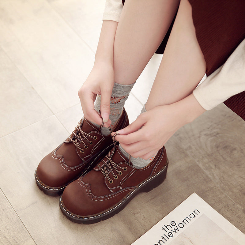 xakxx Female Big Head Student Soft Brock Flats Retro British College Wind Genuine Split Leather Shoes Women Thick Bottom Oxfords