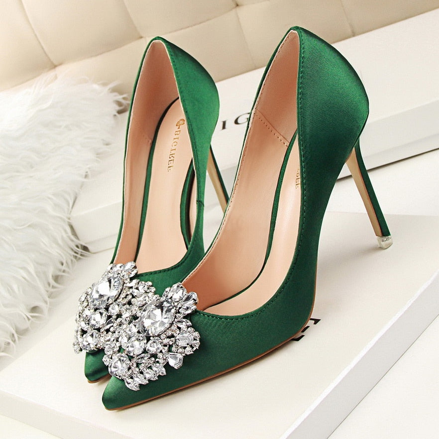 xakxx Silver Gray Black Women Bridal Wedding Shoes Faux Silk Satin Rhinestone Crystal Shallow Woman Pumps Stiletto High Heel