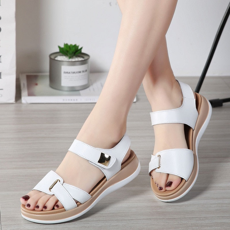 xakxx Women Female Ladies Mother Genuine Leather Shoes Sandals Flats Soft Hook Loop Korean Bling Summer Beach Size 35-40