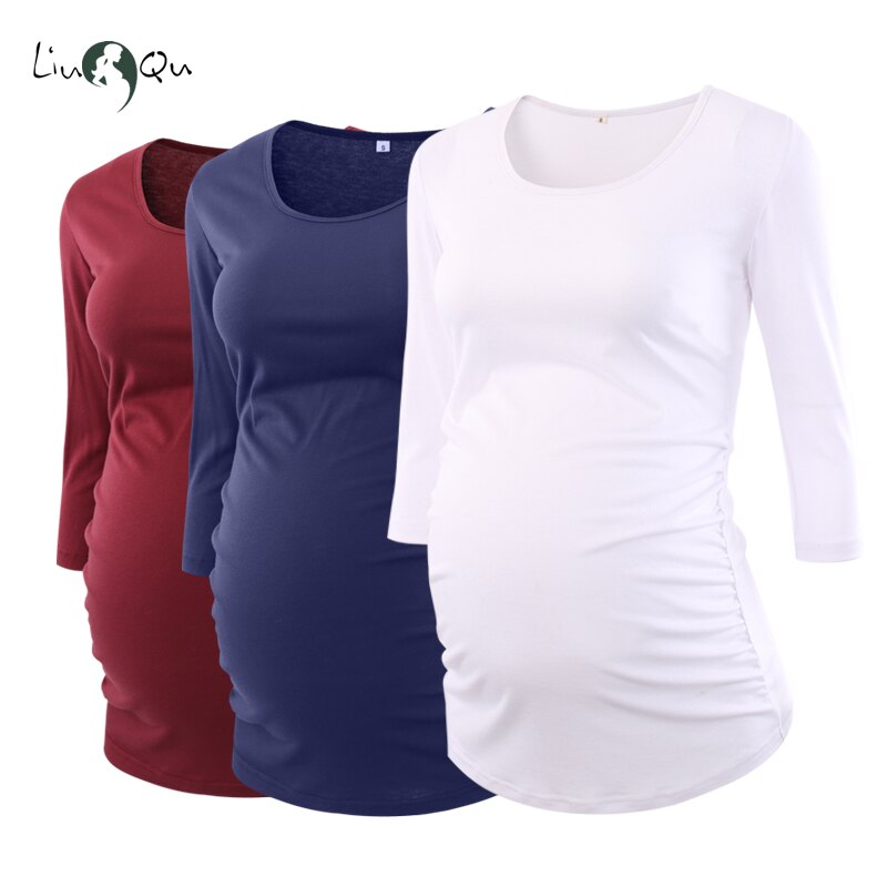 xakxx Women's Blouses Maternity Tops Pregnant Side Ruched 3/4 Sleeve Maternity Clothes Scoop Neck Pregnancy T-Shirt Plus Size