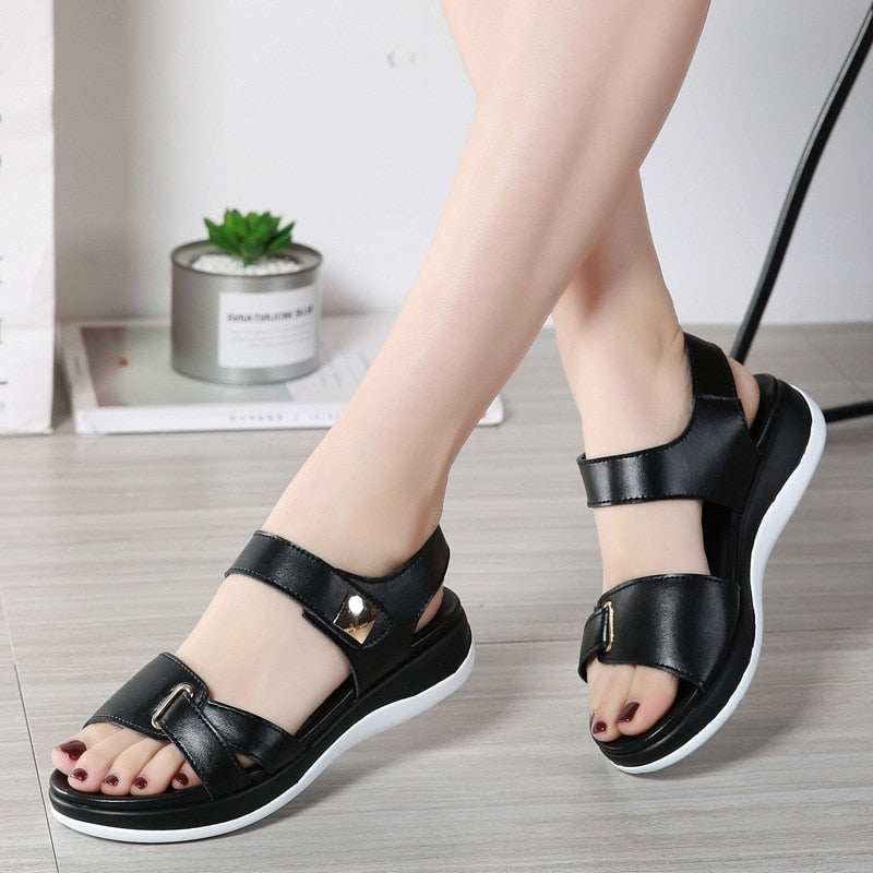 xakxx Women Female Ladies Mother Genuine Leather Shoes Sandals Flats Soft Hook Loop Korean Bling Summer Beach Size 35-40