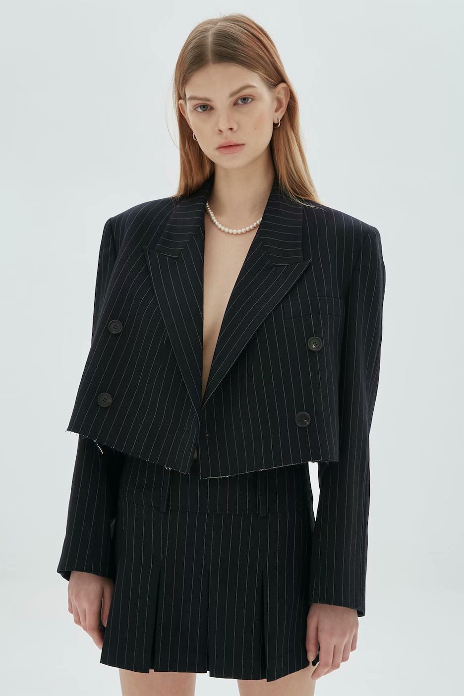 xakxx 2 Pieces Sets Women Fashion Office Stripe Cropped Blazers Jackets And High Wasit Mini Skirts Casual Chic Women Sets