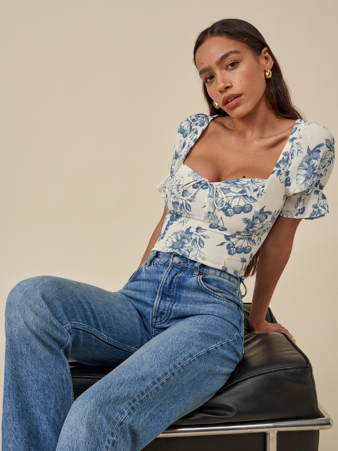 xakxx Vintage Ivory Blue Flower Print Shirt Retro Elastic Ruched Back Square Collar Short Sleeve Short Blouse Tank Top Tops