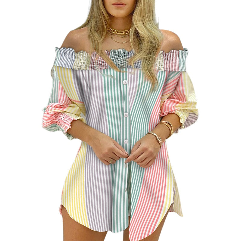 xakxx Back to School Women Fashion Striped Print Shirt Lady Long Sleeve Blouse Off Shoulder Ruched Button Design Casual Tops