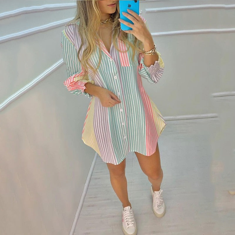 xakxx Back to School Women Fashion Striped Print Shirt Lady Long Sleeve Blouse Off Shoulder Ruched Button Design Casual Tops