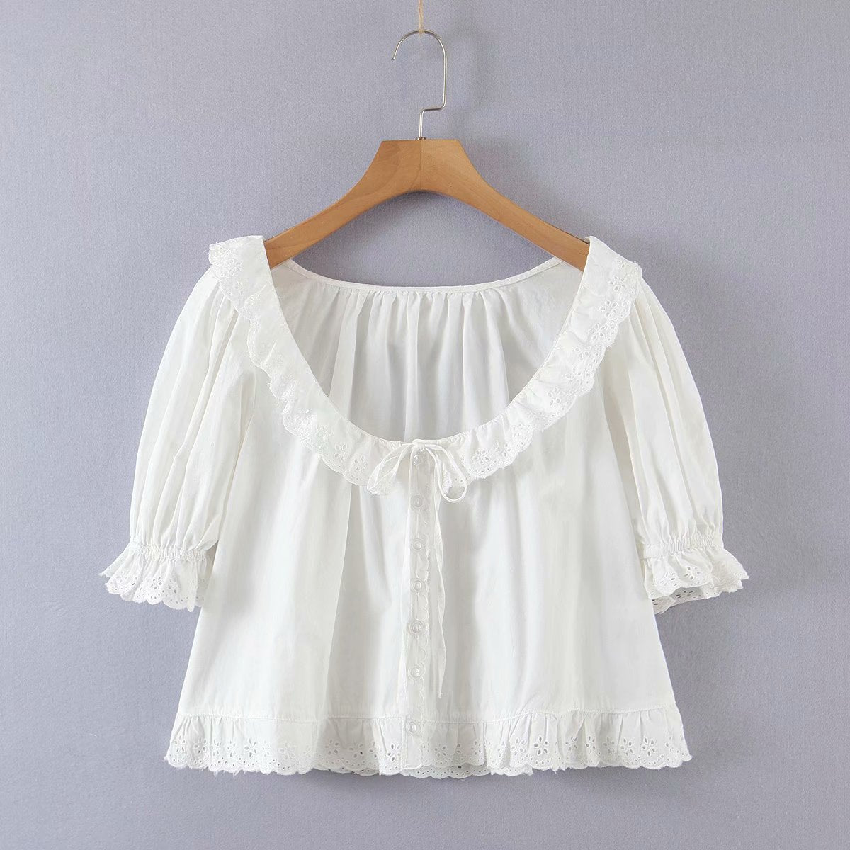 xakxx Ruffles Trim V-Neck Women's Blouse Cotton Embroidery Hollow Out Lace-Up Ladies Short Puff Sleeve Sweet Shirt And Top Summer