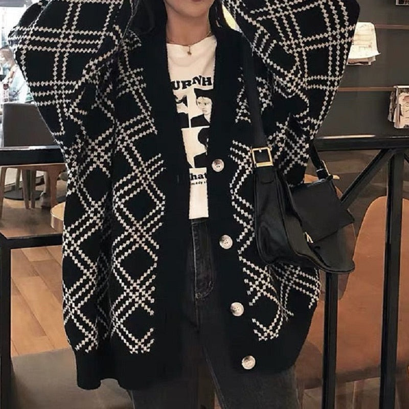 xakxx Korean Style Lazy Wind Knitted Cardigan Sweater Women Autumn Winter Oversize Plaid Jumper Black Long Sleeve Jacket Coat