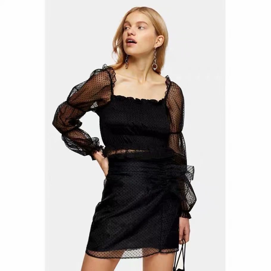 xakxx Women Sexy Fashion Smocked Elastic Ruffled Cropped Blouses Vintage See Through Long Sleeve Female Shirts Chic Tops