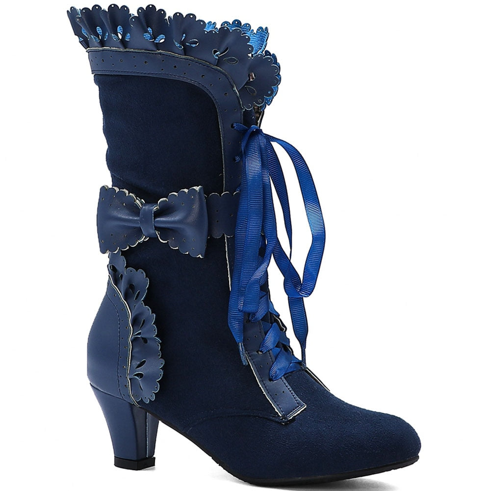 xakxx Halloween Brand New Big Size 43 Sweet Bowknot Ruffles Med Heels Shoelace Gothic Lolita Style Mid Calf Boots Women Shoes